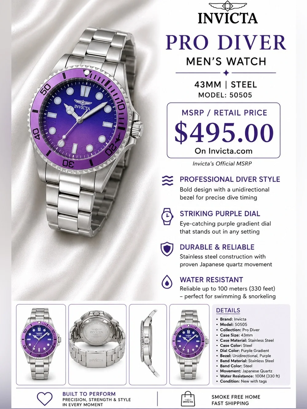 (NIB) Invicta Men’s Watch — Purple Gradient Dial with Silver Steel Bracelet